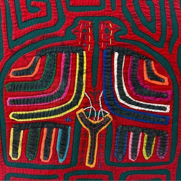 Vintage 1970s Panama Kuna Mola Indian Textile Tapestry Folk Art Two Birds Framed - Picture 6 of 11